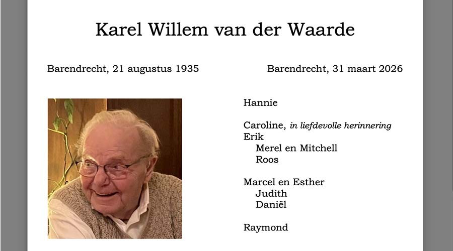 Karel van der Waarde jr, erelid BVV Barendrecht, overleden