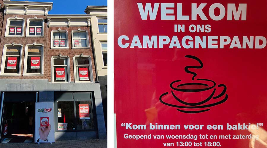 Campagnepand van GroenLinks-PvdA op de Kleiweg in Gouda