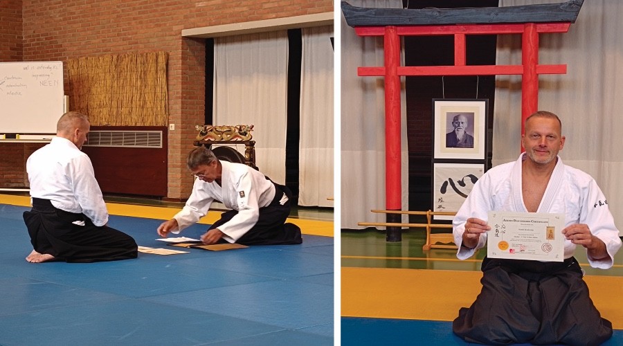 Aikido-certificaat zwarte band voor Nando Koelewijn